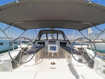 Cockpit of Ocean Whisper, a Dufour 430 sailboat at Port of Avdira, Greece