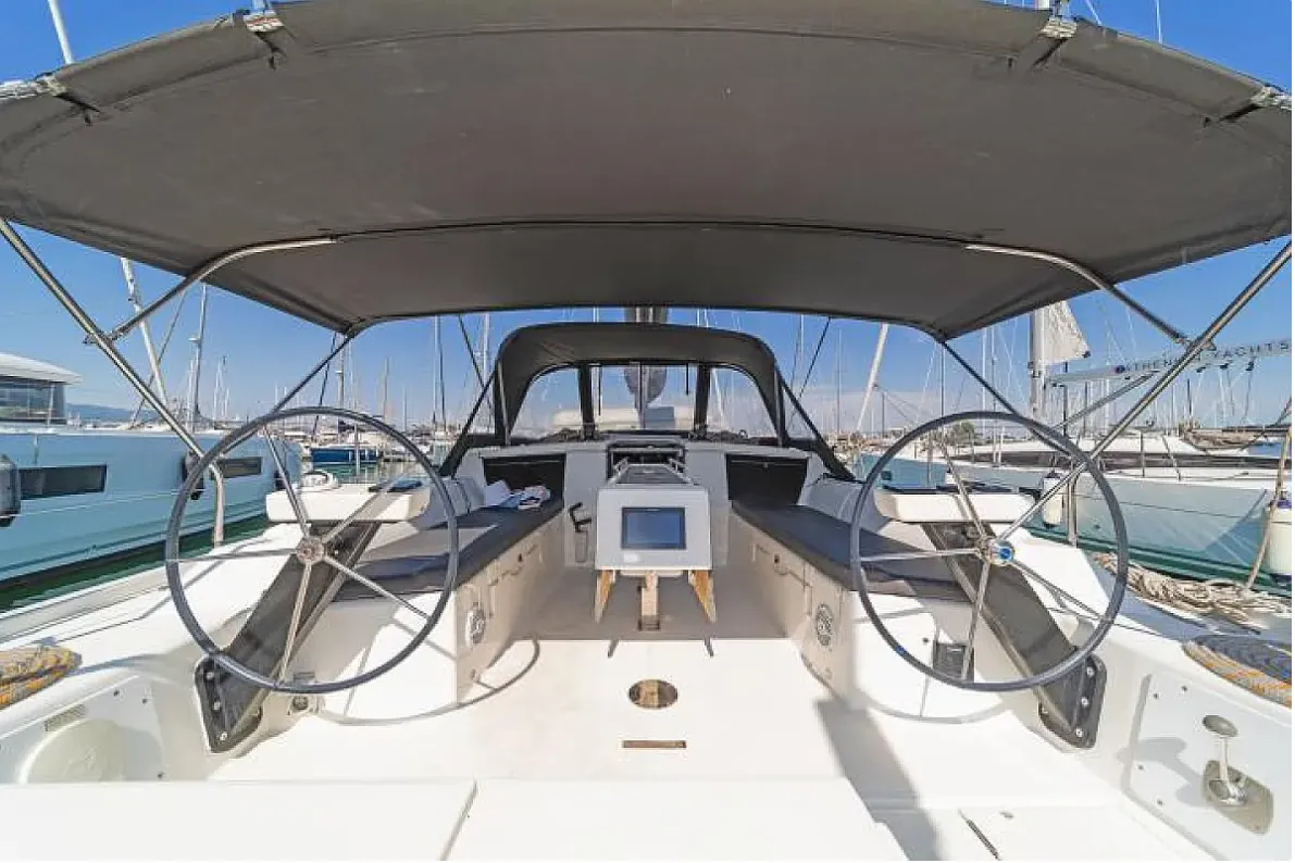 Cockpit of Ocean Whisper, a Dufour 430 sailboat at Port of Avdira, Greece