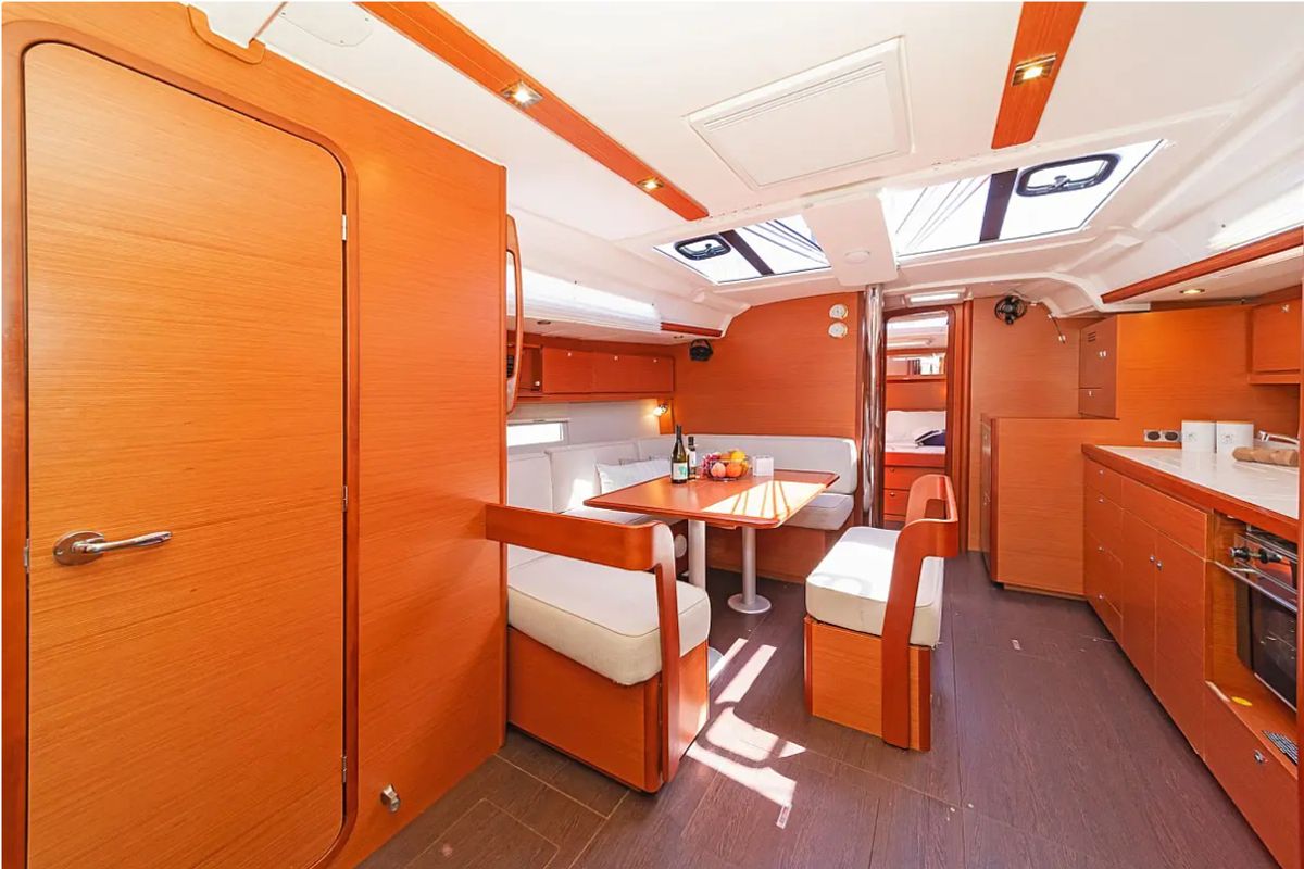 Salon of Ocean Whisper, a Dufour 430 sailboat at Port of Avdira, Greece