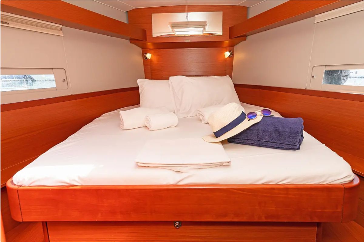 Cabin on Ocean Whisper, a Dufour 430 sailboat at Port of Avdira, Greece