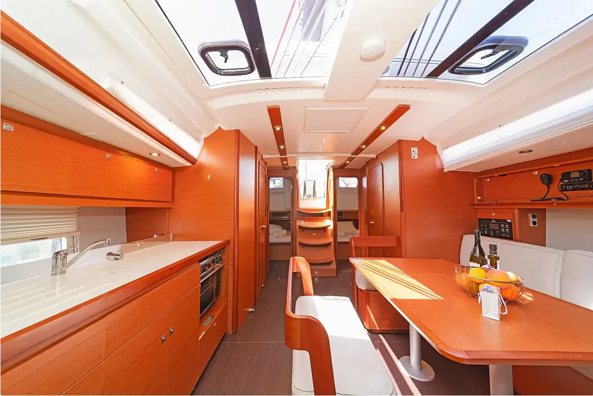 Galley of Ocean Whisper, a Dufour 430 sailboat at Port of Avdira, Greece
