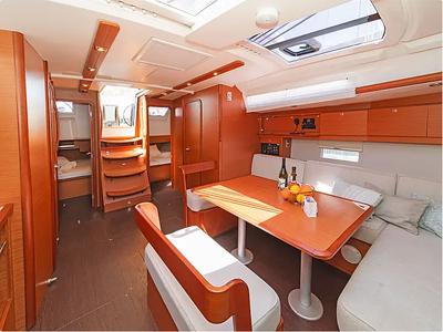 Salon of Ocean Whisper, a Dufour 430 sailboat at Port of Avdira, Greece