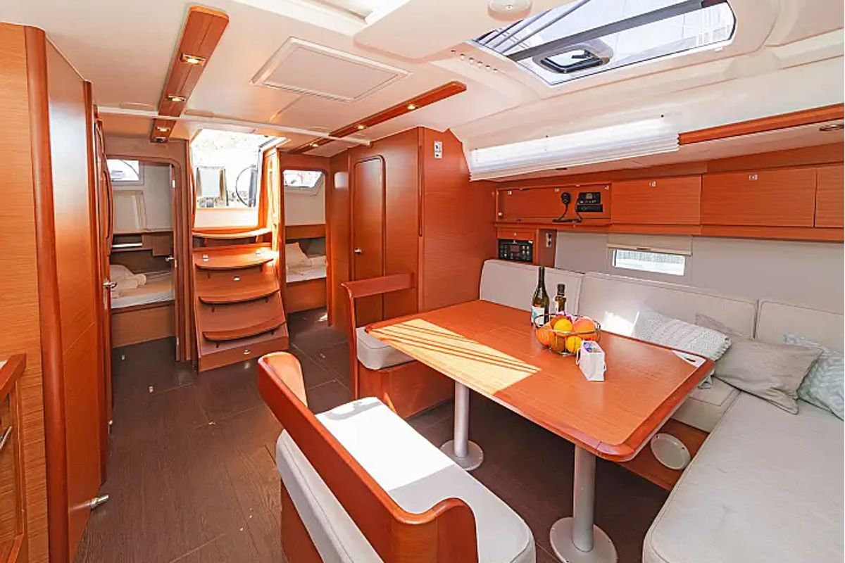 Salon of Ocean Whisper, a Dufour 430 sailboat at Port of Avdira, Greece