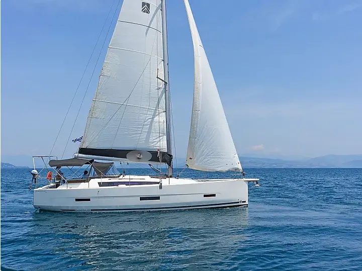 Exterior view of Ocean Whisper, a Dufour 430 sailboat at Port of Avdira, Greece