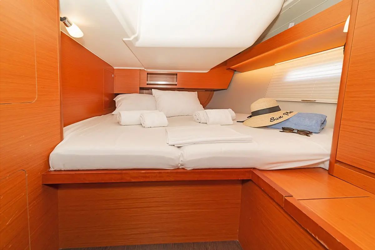 Cabin on Ocean Whisper, a Dufour 430 sailboat at Port of Avdira, Greece
