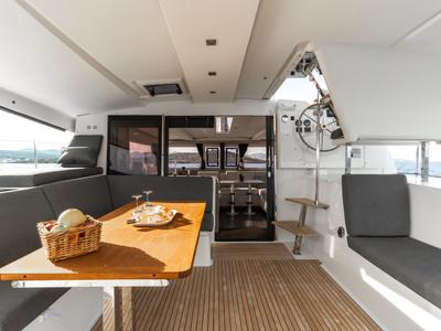 Deck of Carpe Vitam, a Fountaine Pajot Isla 40 catamaran at Lavreotiki Municipal Unit, Greece