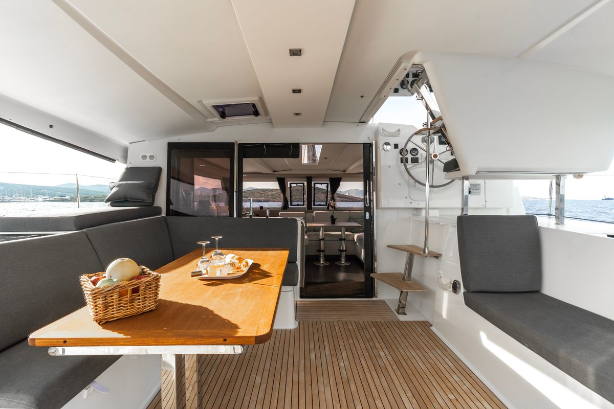 Deck of Carpe Vitam, a Fountaine Pajot Isla 40 catamaran at Lavreotiki Municipal Unit, Greece
