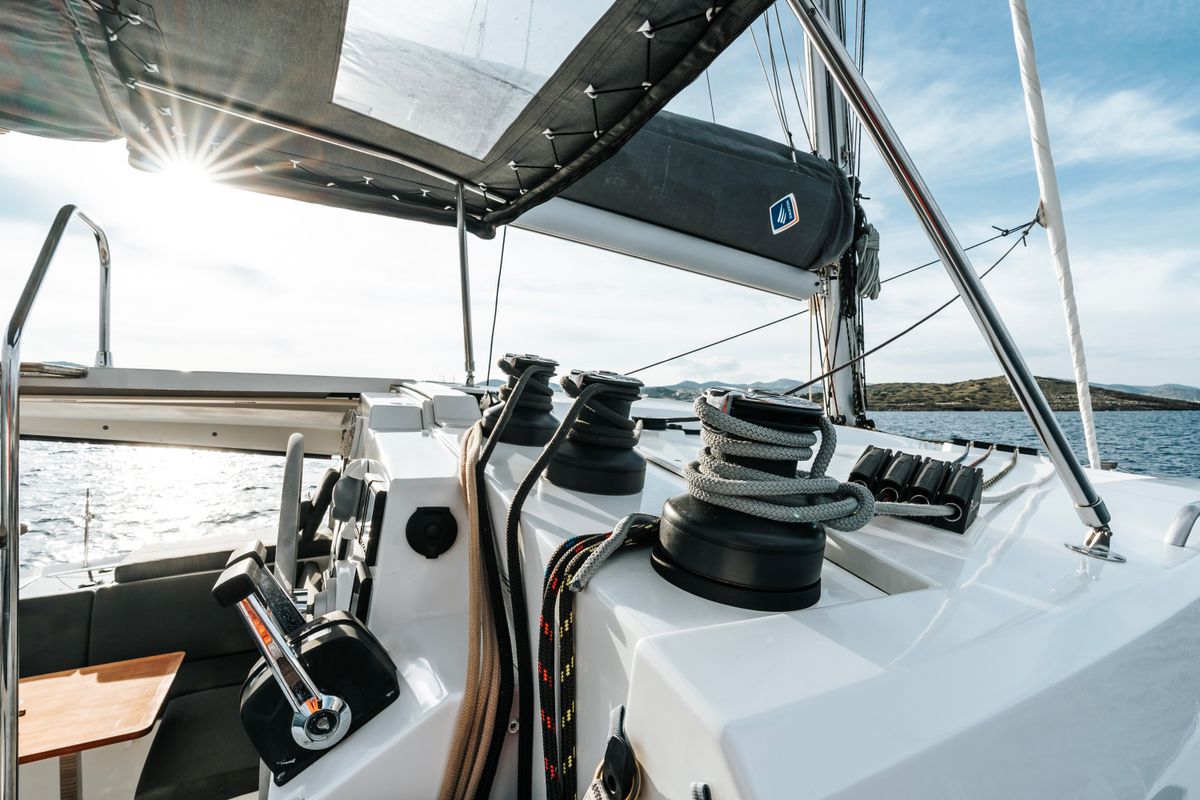 Cockpit of Carpe Vitam, a Fountaine Pajot Isla 40 catamaran at Lavreotiki Municipal Unit, Greece