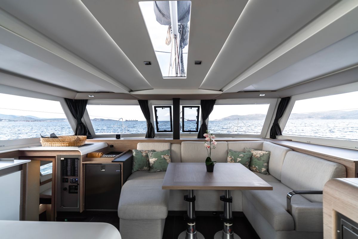 Salon of Carpe Vitam, a Fountaine Pajot Isla 40 catamaran at Lavreotiki Municipal Unit, Greece