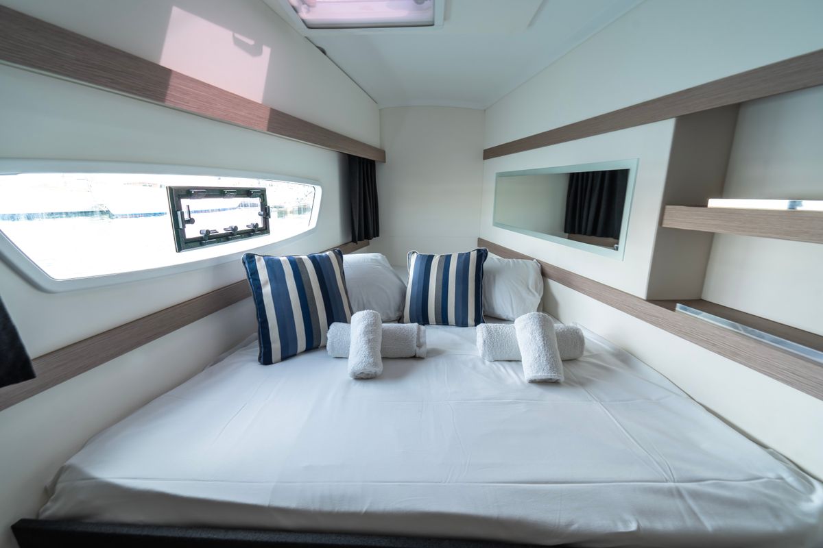 Cabin on Carpe Vitam, a Fountaine Pajot Isla 40 catamaran at Lavreotiki Municipal Unit, Greece