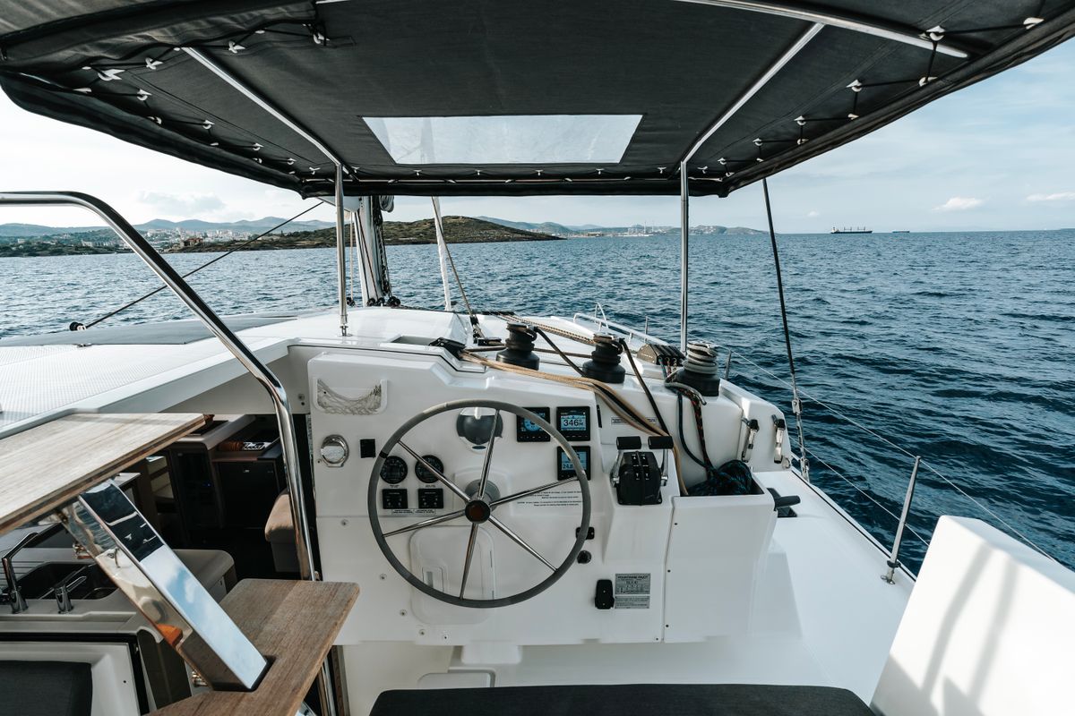 Cockpit of Carpe Vitam, a Fountaine Pajot Isla 40 catamaran at Lavreotiki Municipal Unit, Greece