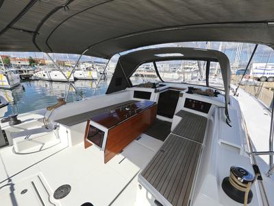 Cockpit of Blue Therapy, a Dufour 530 sailboat at Grad Biograd na Moru, Croatia