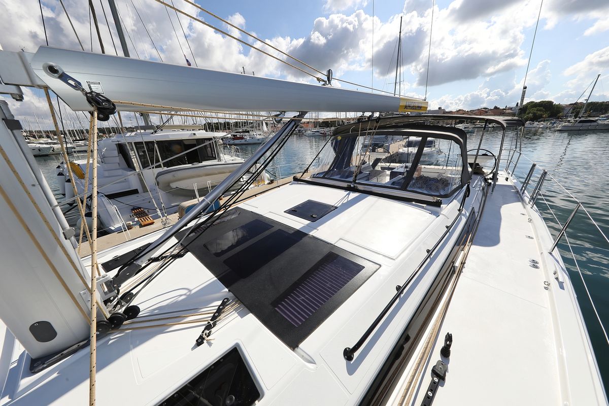 Deck of Blue Therapy, a Dufour 530 sailboat at Grad Biograd na Moru, Croatia