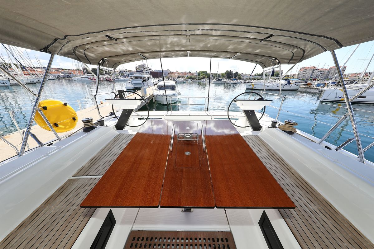 Cockpit of Blue Therapy, a Dufour 530 sailboat at Grad Biograd na Moru, Croatia