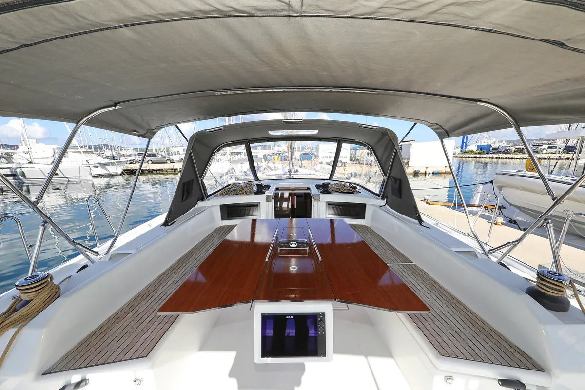 Cockpit of Blue Therapy, a Dufour 530 sailboat at Grad Biograd na Moru, Croatia