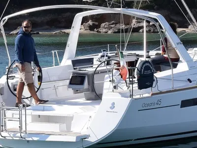 Cockpit of JN, a Beneteau Oceanis 45 sailboat at U Pàize/Carloforte, Italy
