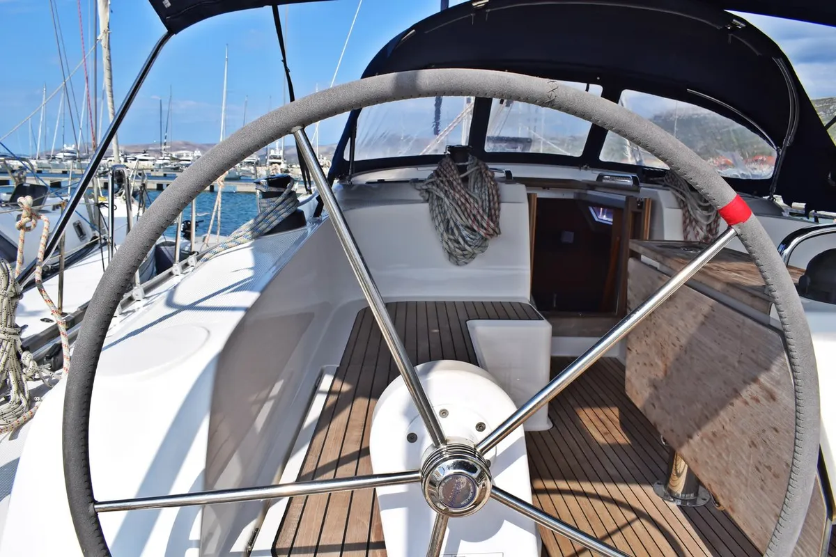 Cockpit of Maslinova, a Bavaria Cruiser 46 sailboat at Grad Kaštela, Croatia