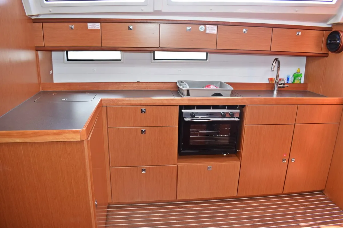 Galley of Maslinova, a Bavaria Cruiser 46 sailboat at Grad Kaštela, Croatia