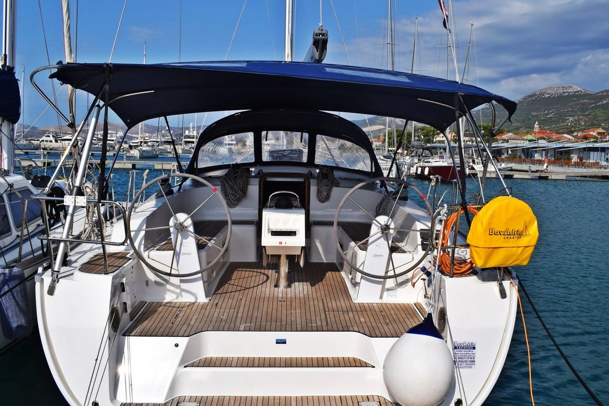 Cockpit of Maslinova, a Bavaria Cruiser 46 sailboat at Grad Kaštela, Croatia