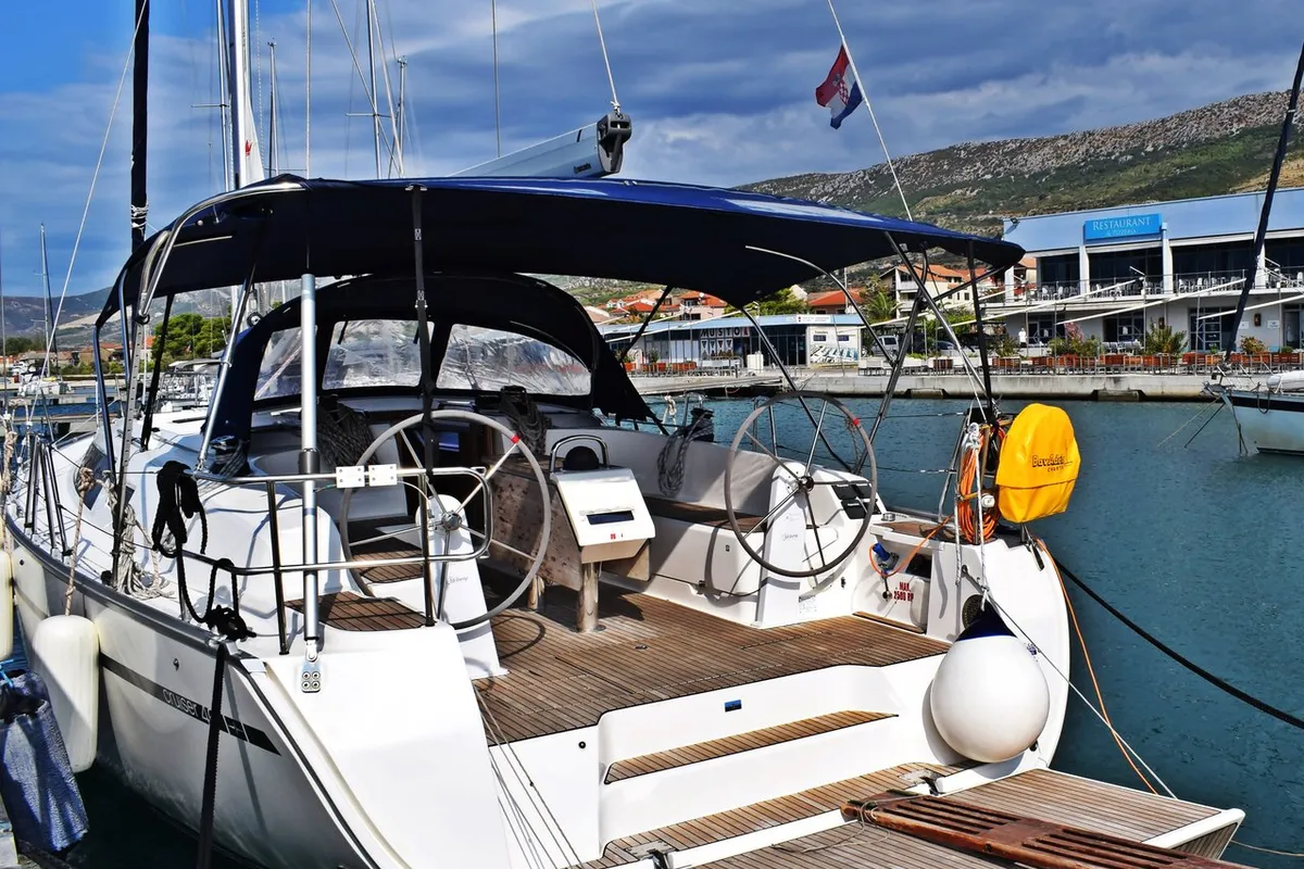 Exterior view of Maslinova, a Bavaria Cruiser 46 sailboat at Grad Kaštela, Croatia