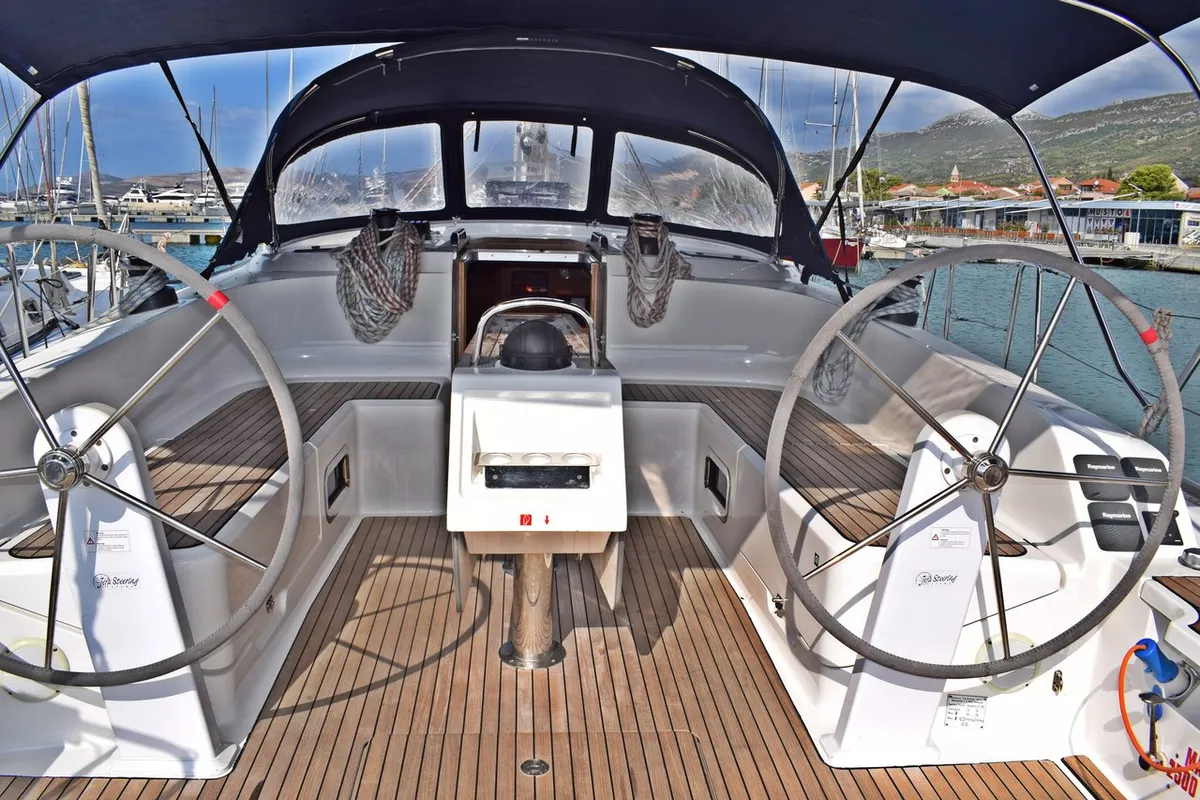 Cockpit of Maslinova, a Bavaria Cruiser 46 sailboat at Grad Kaštela, Croatia