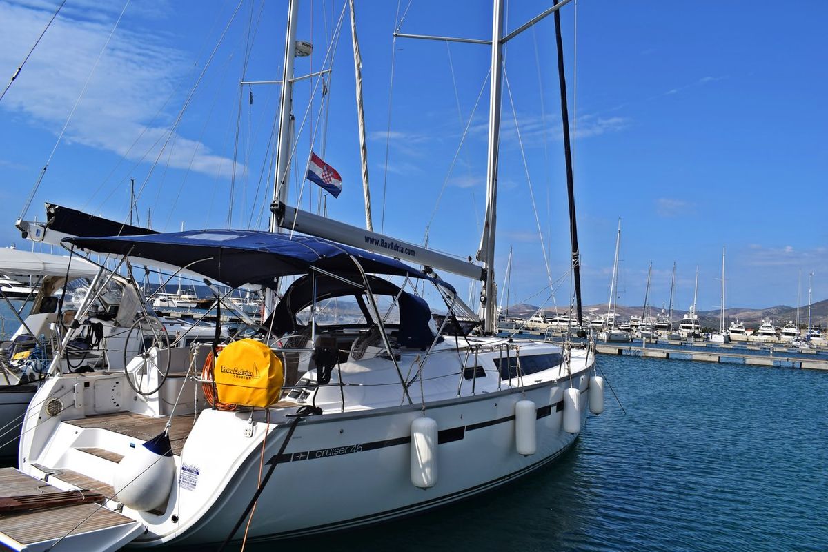 Exterior view of Maslinova, a Bavaria Cruiser 46 sailboat at Grad Kaštela, Croatia