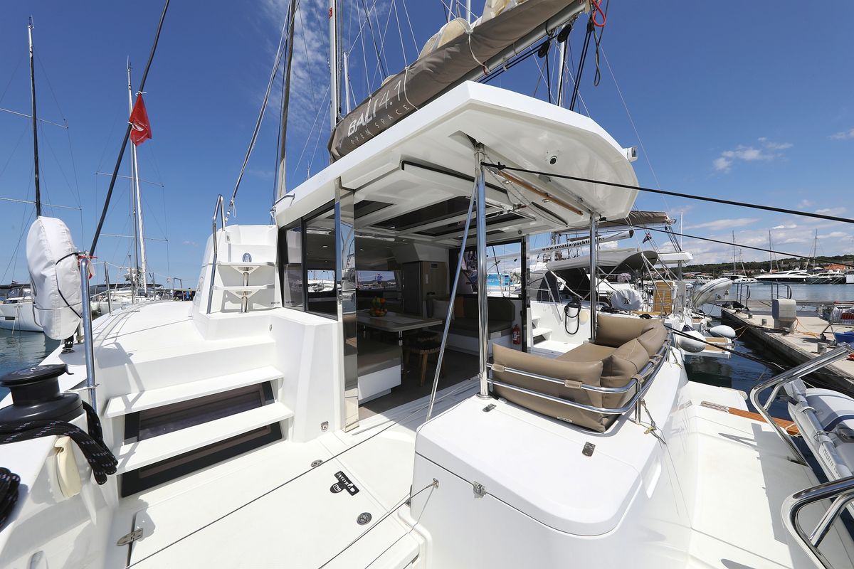 Deck of Wendy, a Bali 4.1 catamaran at Grad Biograd na Moru, Croatia