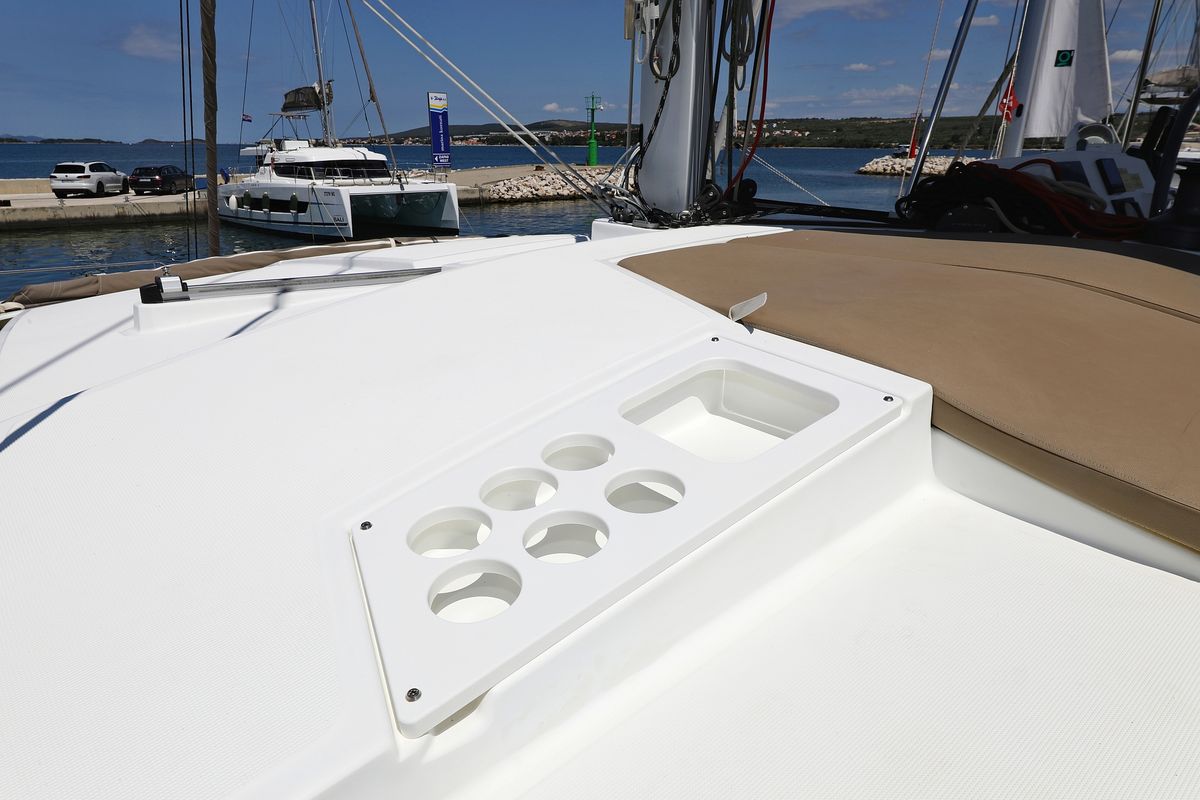 Deck of Wendy, a Bali 4.1 catamaran at Grad Biograd na Moru, Croatia