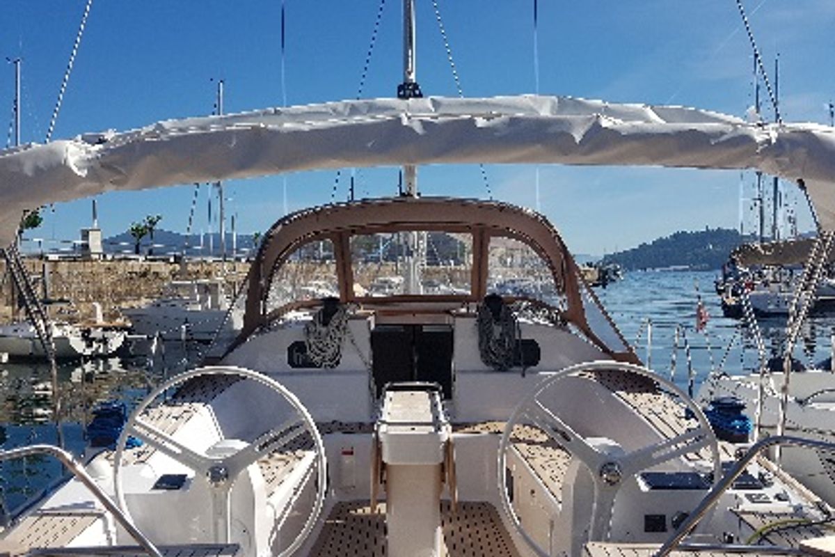 Cockpit of Sailway Ocho, a Elan Impression 45 sailboat at Vigo, Spain