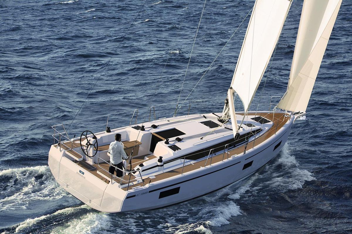 Exterior view of Simea, a Bavaria C38 sailboat at Marseille, France
