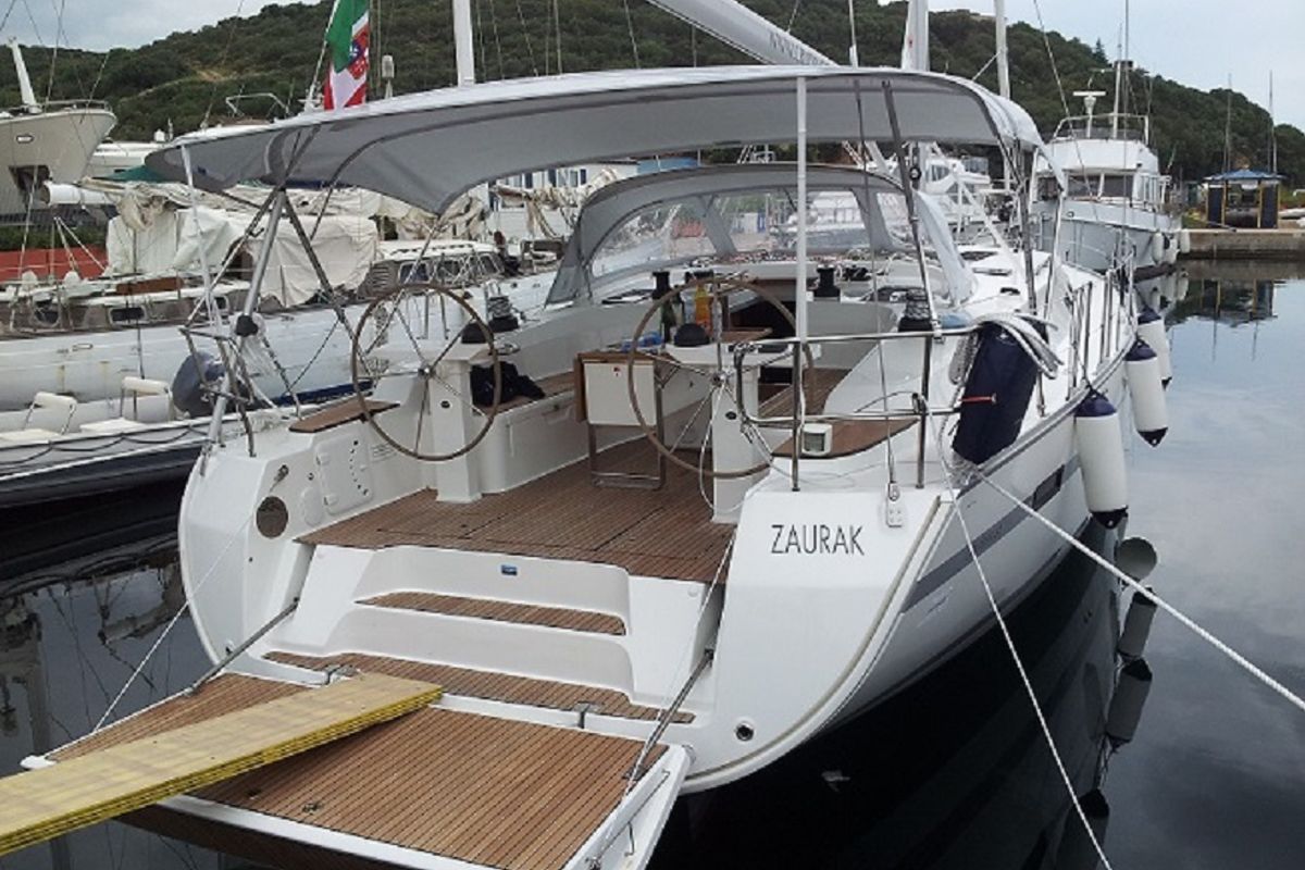 Exterior view of Zaurak, a Bavaria Cruiser 50 sailboat at Olbia, Italy