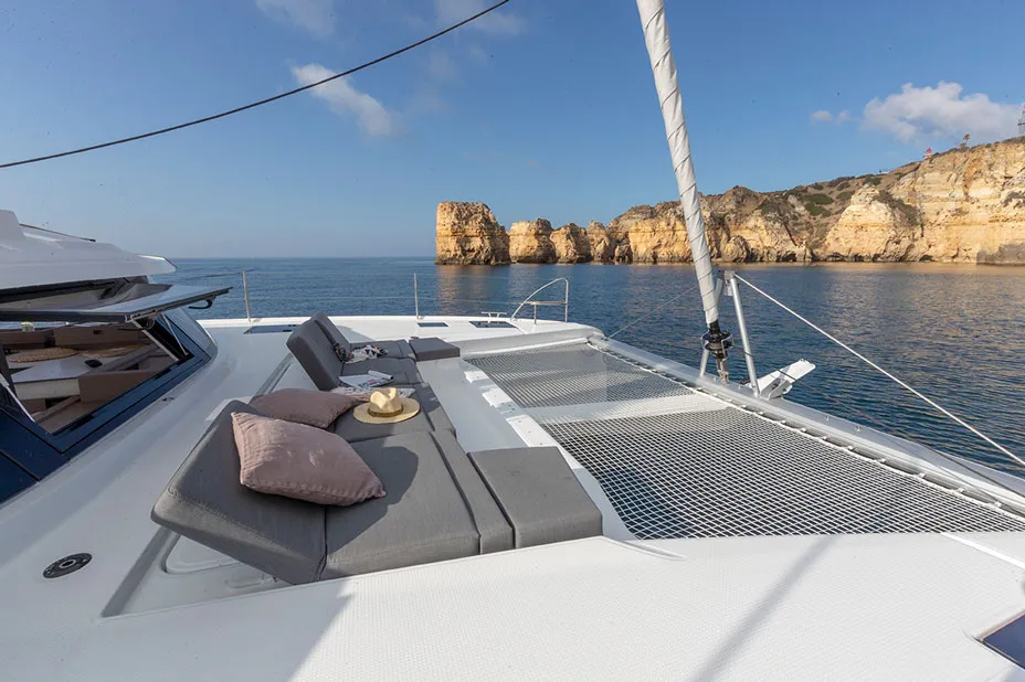 Deck of My Dream, a Fountaine Pajot Elba 45 catamaran at Taranto, Italy