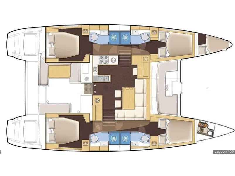 Floor plan of Celine, a Lagoon Lagoon 450 Fly catamaran at Bodrum, Turkey