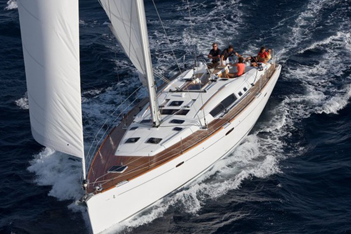 Exterior view of AF-O54, a Beneteau Oceanis 54 sailboat at Municipal Unit of Palairos, Greece
