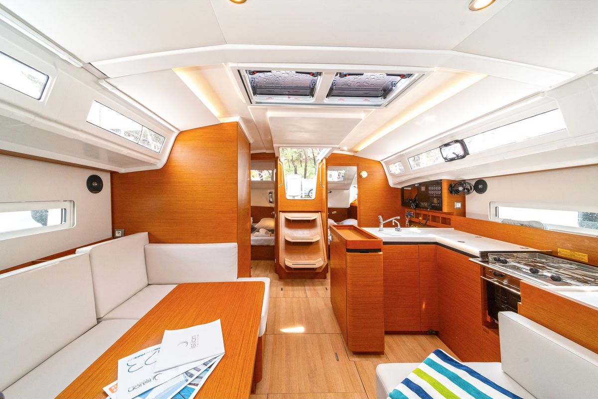 Exterior view of First Date, a Jeanneau Sun Odyssey 410 sailboat at Skradin, Croatia