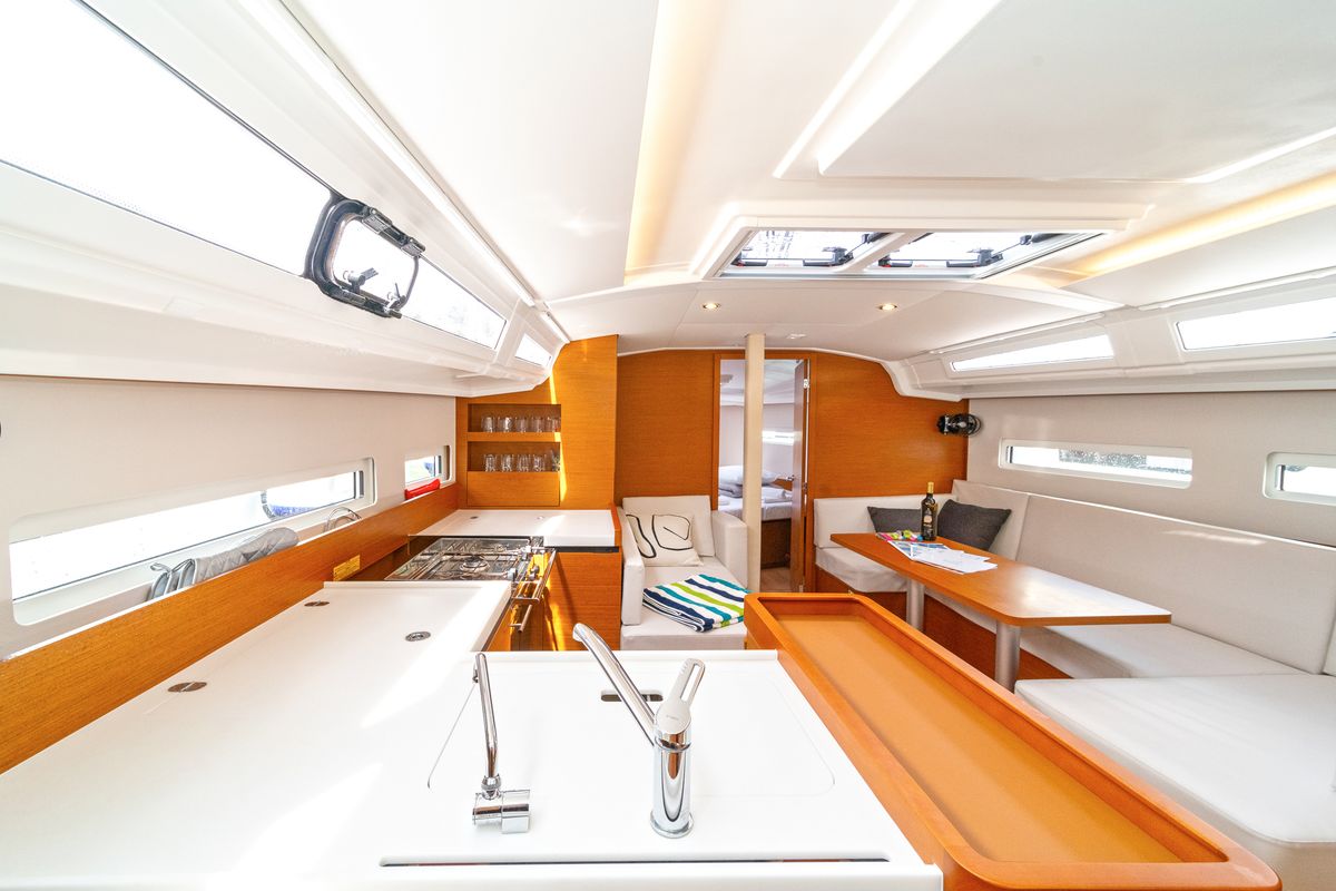 Deck of First Date, a Jeanneau Sun Odyssey 410 sailboat at Skradin, Croatia