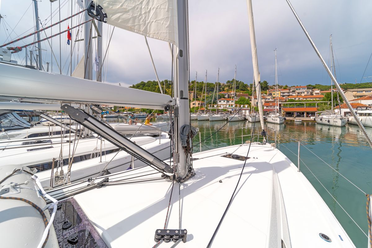 Salon of First Date, a Jeanneau Sun Odyssey 410 sailboat at Skradin, Croatia