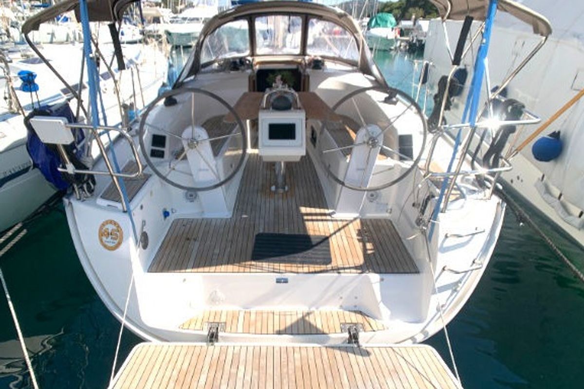 Cockpit of Little Joe, a Bavaria Cruiser 34 sailboat at Općina Rogoznica, Croatia