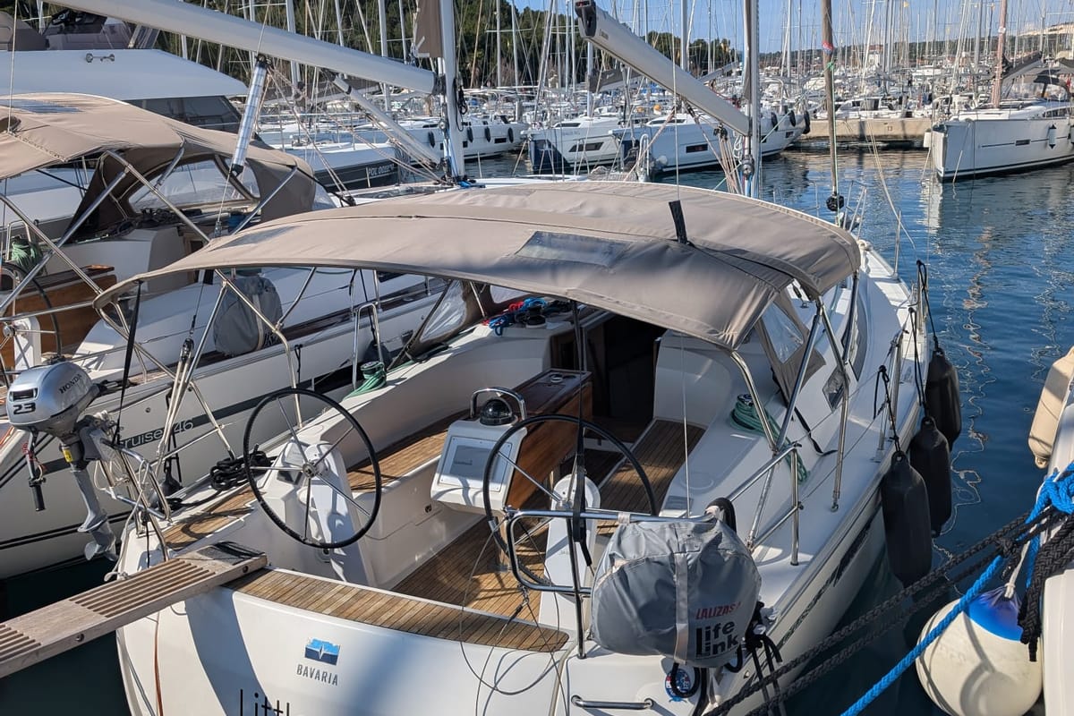 Exterior view of Little Joe, a Bavaria Cruiser 34 sailboat at Općina Rogoznica, Croatia