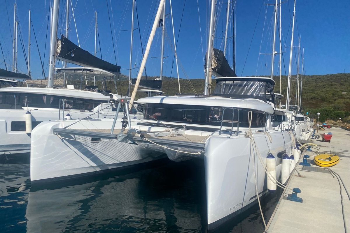 Exterior view of Copernicus, a Lagoon 42 catamaran at Grand Anse, Grenada
