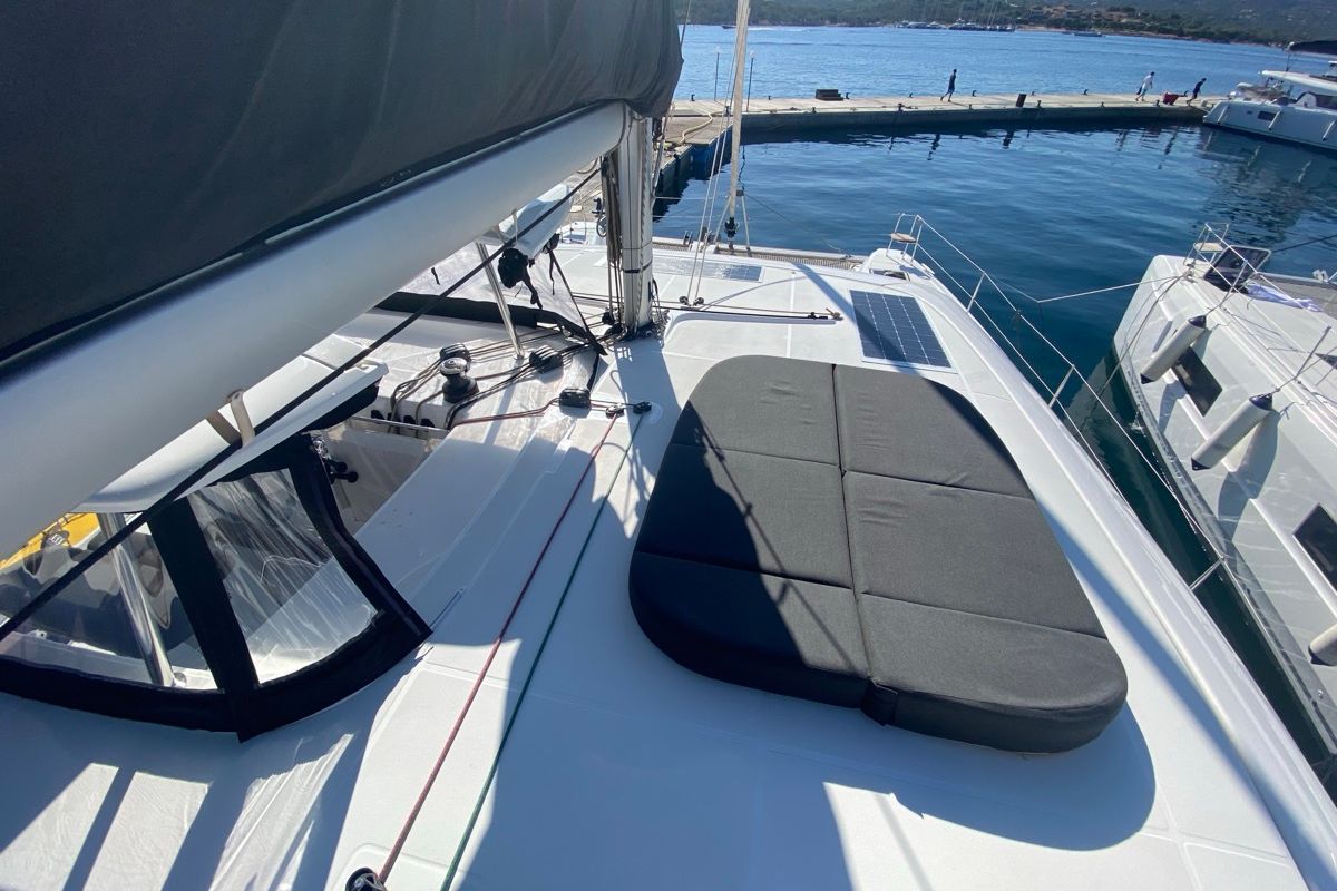 Deck of Copernicus, a Lagoon 42 catamaran at Grand Anse, Grenada