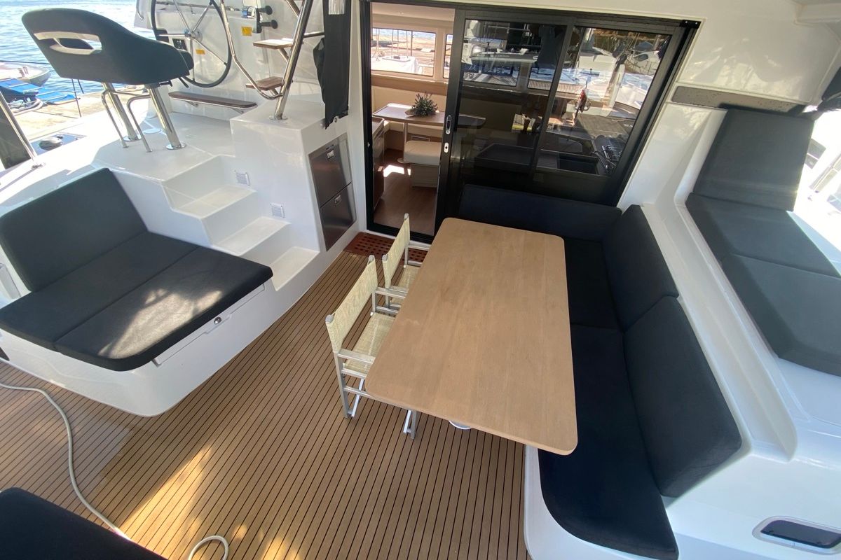 Deck of Copernicus, a Lagoon 42 catamaran at Grand Anse, Grenada
