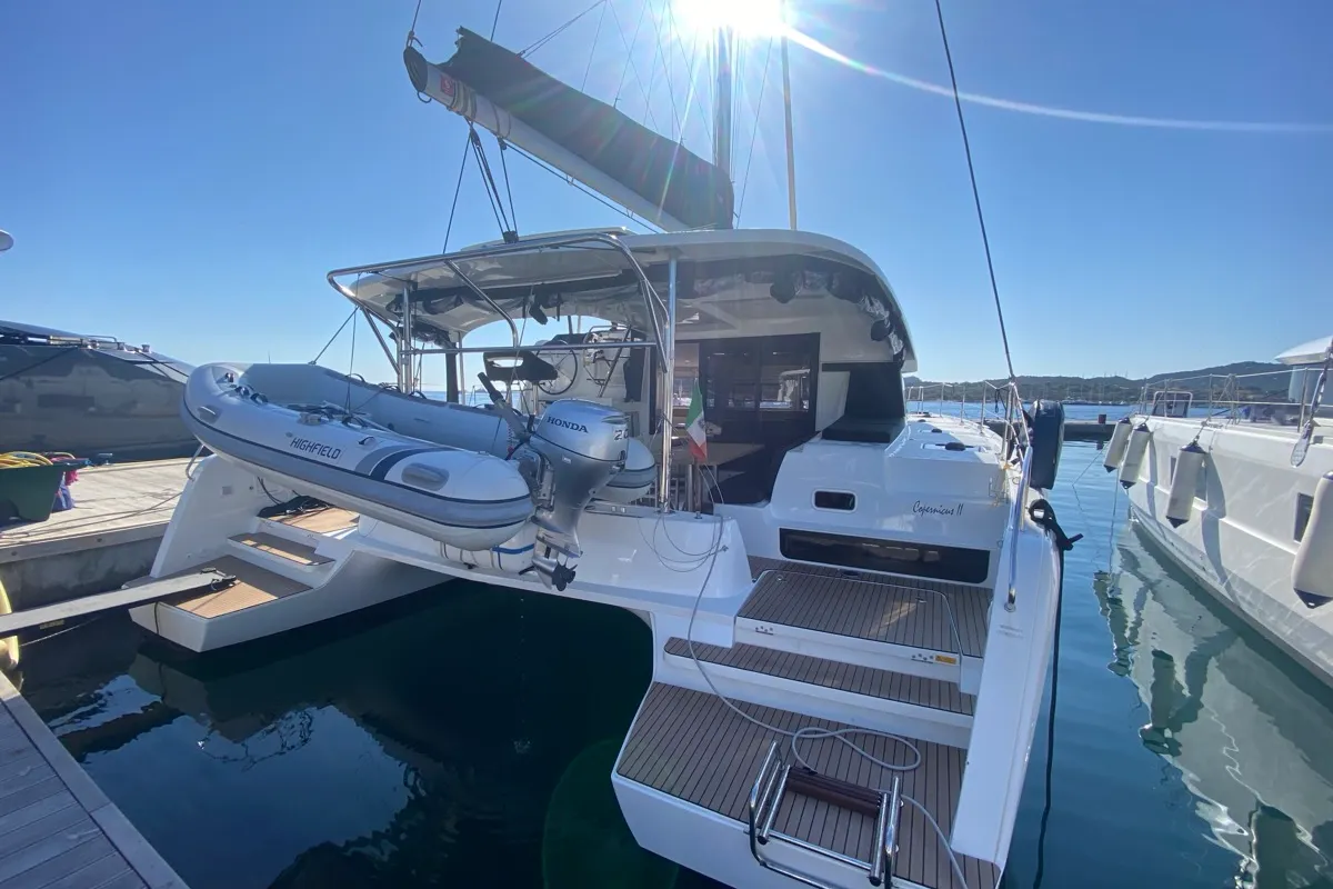 Exterior view of Copernicus, a Lagoon 42 catamaran at Grand Anse, Grenada