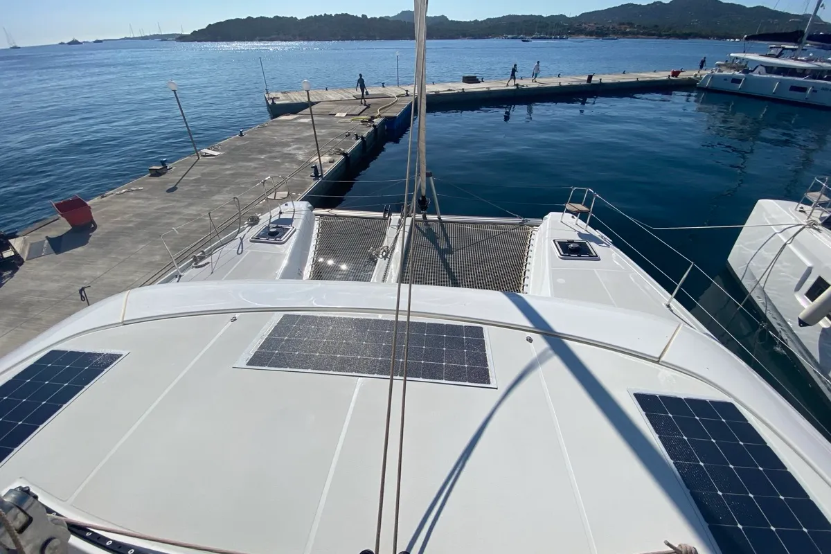 Deck of Copernicus, a Lagoon 42 catamaran at Grand Anse, Grenada