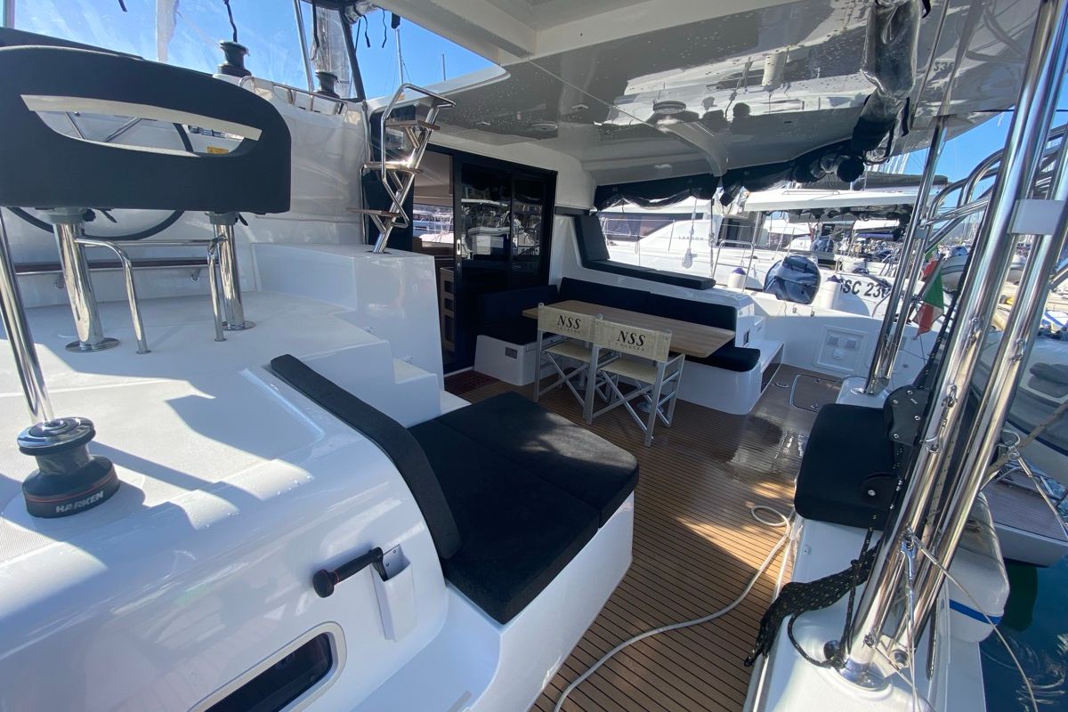 Deck of Copernicus, a Lagoon 42 catamaran at Grand Anse, Grenada