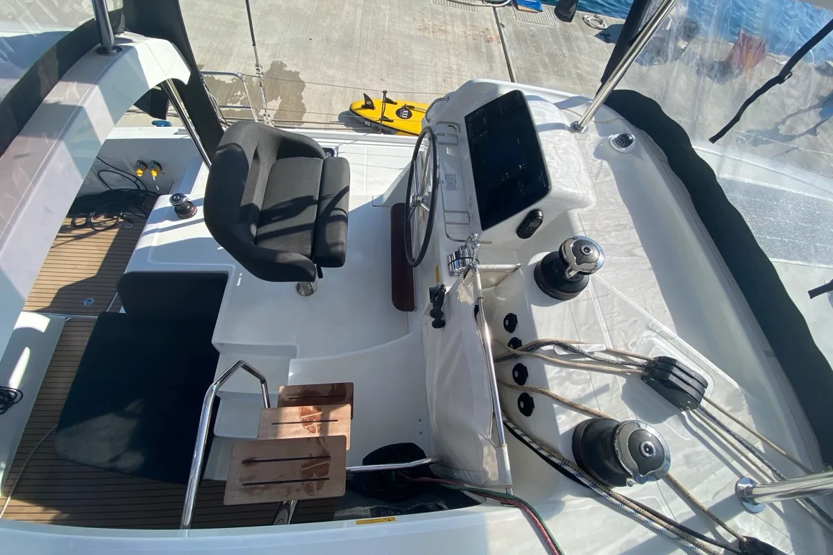 Cockpit of Copernicus, a Lagoon 42 catamaran at Grand Anse, Grenada