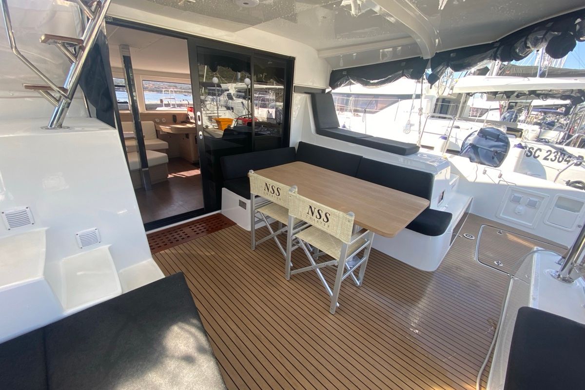 Deck of Copernicus, a Lagoon 42 catamaran at Grand Anse, Grenada