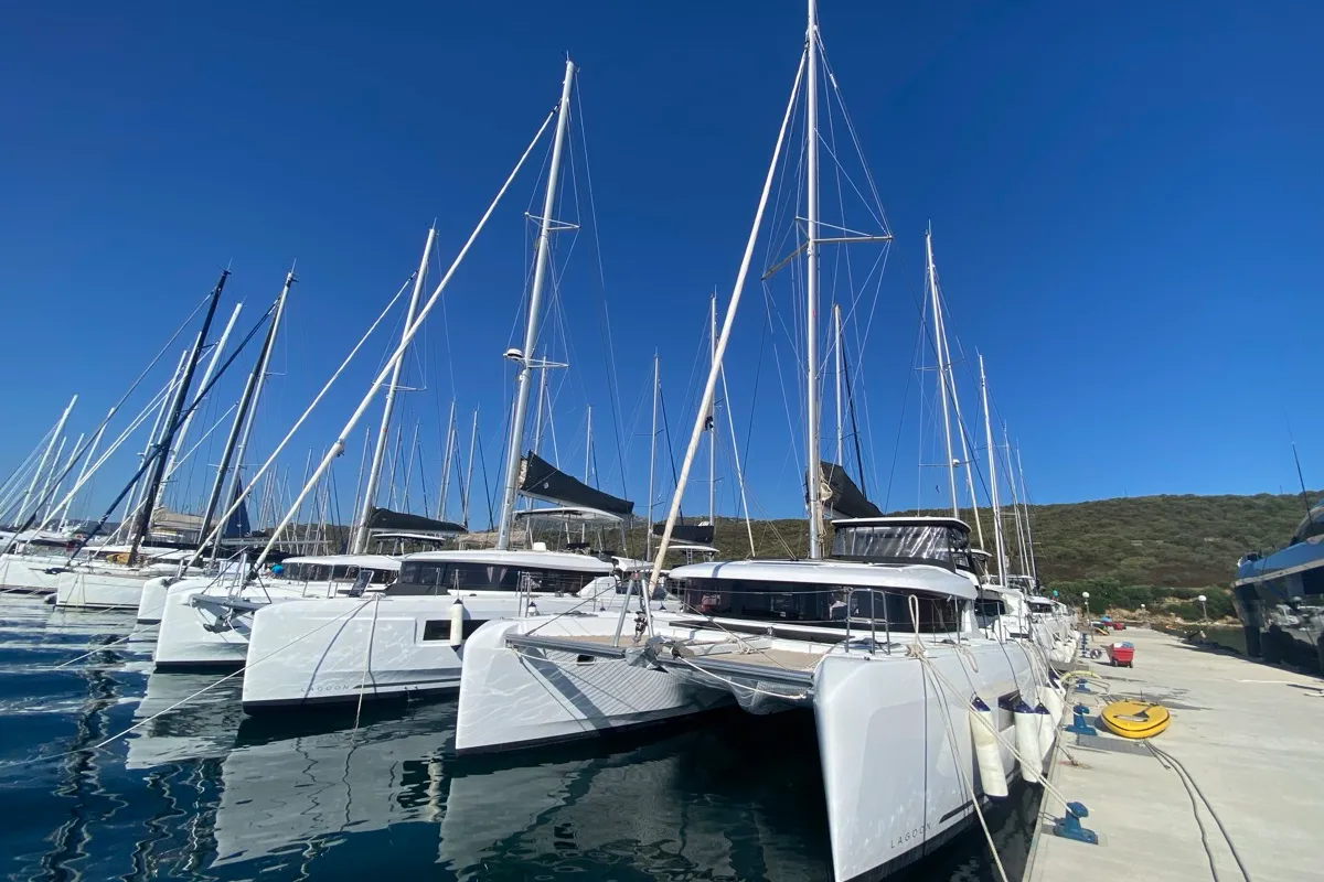 Exterior view of Copernicus, a Lagoon 42 catamaran at Grand Anse, Grenada