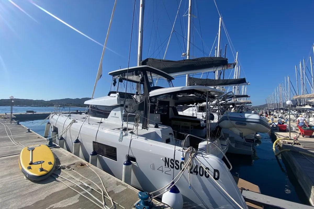 Exterior view of Copernicus, a Lagoon 42 catamaran at Grand Anse, Grenada