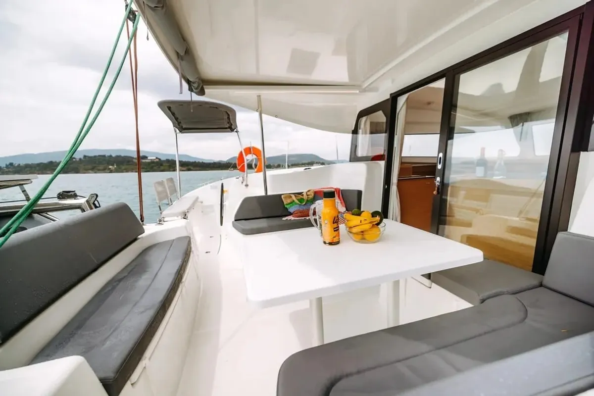 Deck of Lydia, a Excess 11 catamaran at Municipal Unit of Lefkada, Greece